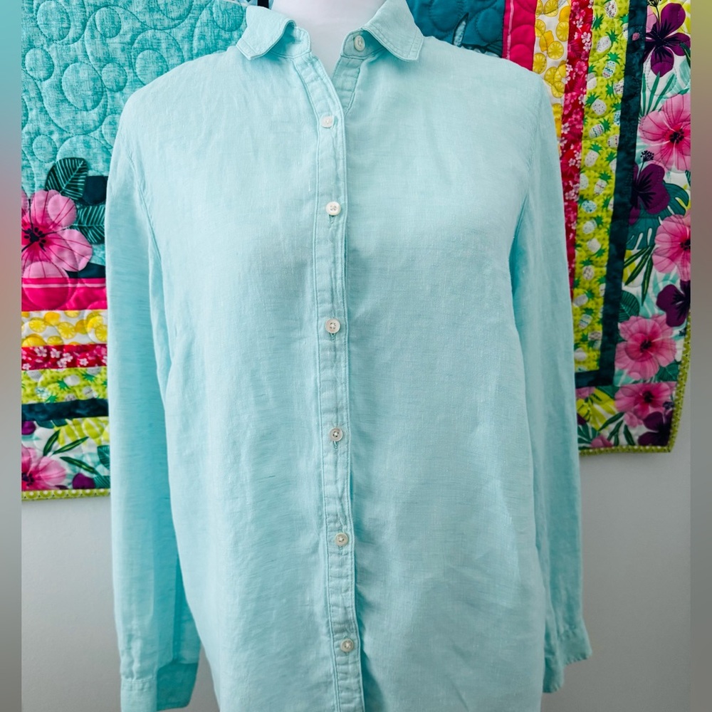 J. McLaughlin Aqua Linen Button-Up Women’s Shirt